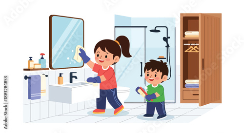 Siblings cleaning the bathroom together, modern flat vector showing cooperation, responsibility, hygiene awareness, and positive family routines