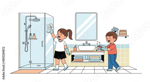 Siblings cleaning the bathroom together, modern flat vector showing cooperation, responsibility, hygiene awareness, and positive family routines