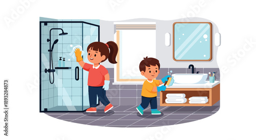 Siblings cleaning the bathroom together, modern flat vector showing cooperation, responsibility, hygiene awareness, and positive family routines