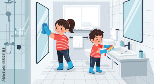 Siblings cleaning the bathroom together, modern flat vector showing cooperation, responsibility, hygiene awareness, and positive family routines