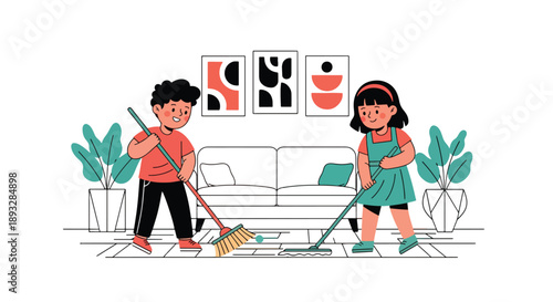 Young siblings sweeping the living room floor together, modern flat vector illustrating teamwork, care for home, and good daily habits