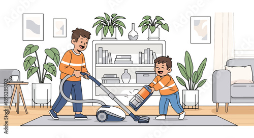 Brothers vacuuming the carpet together at home, modern flat vector promoting cooperation, responsibility, and shared household duties