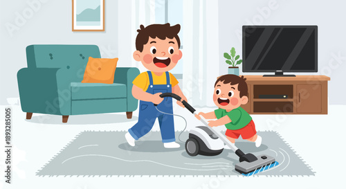 Brothers vacuuming the carpet together at home, modern flat vector promoting cooperation, responsibility, and shared household duties