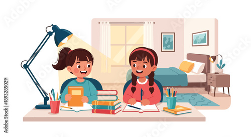 Sisters organizing books and school supplies together, modern flat vector showing cooperation, learning discipline, and positive study habits