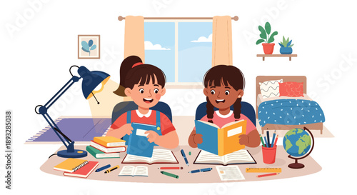 Sisters organizing books and school supplies together, modern flat vector showing cooperation, learning discipline, and positive study habits