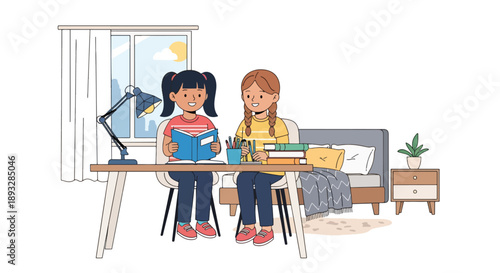 Sisters organizing books and school supplies together, modern flat vector showing cooperation, learning discipline, and positive study habits