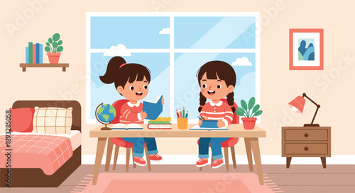 Sisters organizing books and school supplies together, modern flat vector showing cooperation, learning discipline, and positive study habits