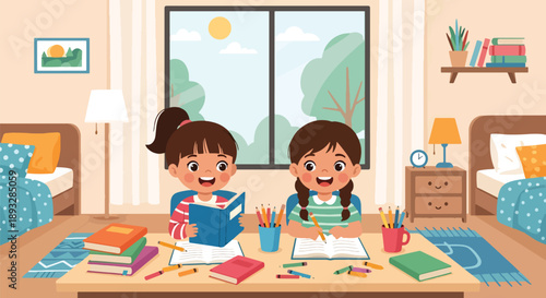 Sisters organizing books and school supplies together, modern flat vector showing cooperation, learning discipline, and positive study habits