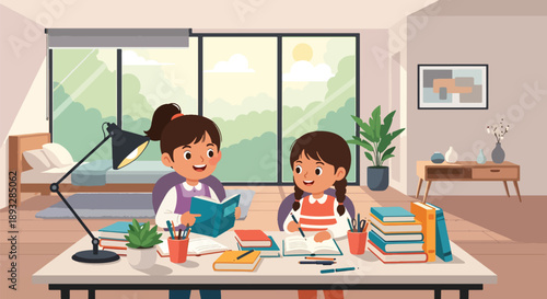 Sisters organizing books and school supplies together, modern flat vector showing cooperation, learning discipline, and positive study habits