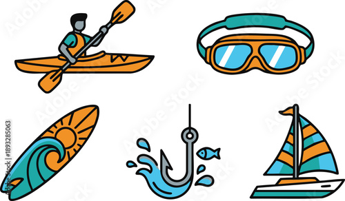 Water sports and recreation icons for summer beach activities