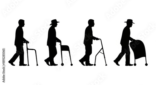 Silhouettes of elderly men walking with walkers and mobility aids.