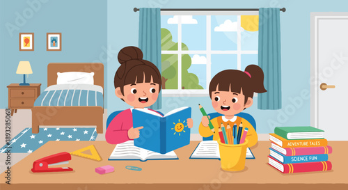 Sisters organizing books and school supplies together, modern flat vector showing cooperation, learning discipline, and positive study habits