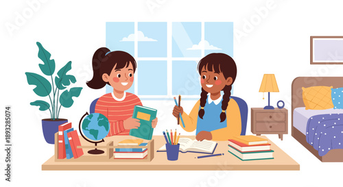 Sisters organizing books and school supplies together, modern flat vector showing cooperation, learning discipline, and positive study habits