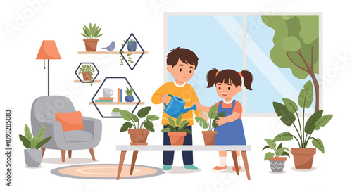 Siblings watering indoor plants together, modern flat vector illustrating teamwork, care for nature, and responsible daily habits at home