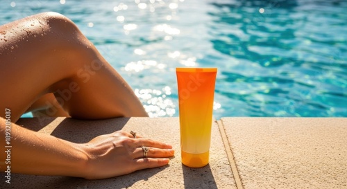 Wallpaper Mural Woman's legs and hand by pool with sunscreen bottle Torontodigital.ca