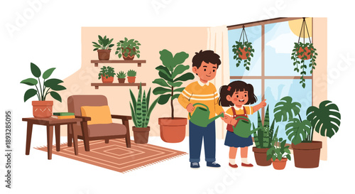 Siblings watering indoor plants together, modern flat vector illustrating teamwork, care for nature, and responsible daily habits at home