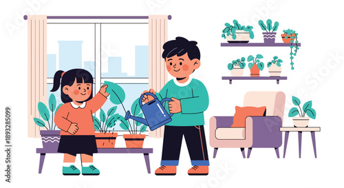 Siblings watering indoor plants together, modern flat vector illustrating teamwork, care for nature, and responsible daily habits at home