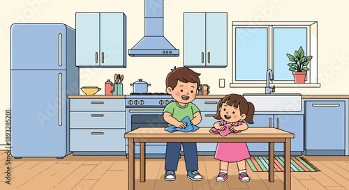 Young siblings wiping the kitchen table together, modern flat vector showing cooperation, cleanliness, and shared home responsibility