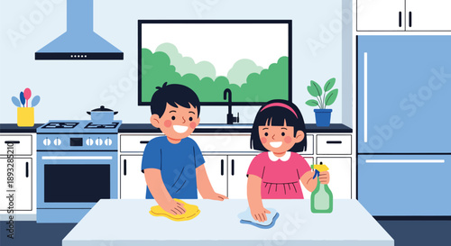 Young siblings wiping the kitchen table together, modern flat vector showing cooperation, cleanliness, and shared home responsibility