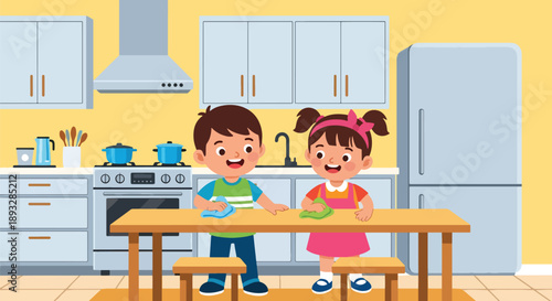 Young siblings wiping the kitchen table together, modern flat vector showing cooperation, cleanliness, and shared home responsibility