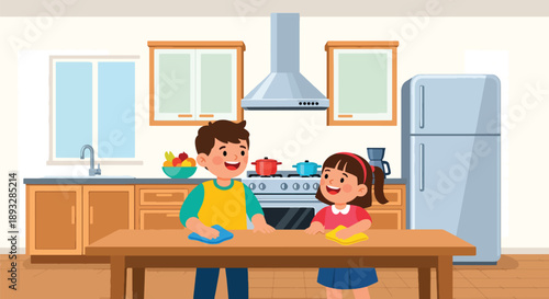 Young siblings wiping the kitchen table together, modern flat vector showing cooperation, cleanliness, and shared home responsibility