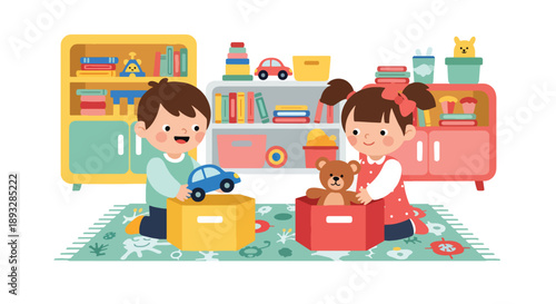 Little siblings sorting toys into boxes together, modern flat vector promoting teamwork, organization skills, and positive playroom habits
