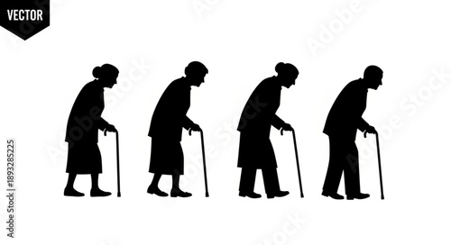 Silhouette of four elderly people walking with canes.