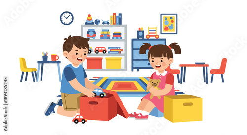 Little siblings sorting toys into boxes together, modern flat vector promoting teamwork, organization skills, and positive playroom habits