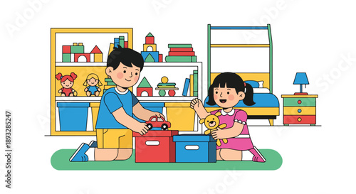 Little siblings sorting toys into boxes together, modern flat vector promoting teamwork, organization skills, and positive playroom habits