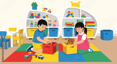 Little siblings sorting toys into boxes together, modern flat vector promoting teamwork, organization skills, and positive playroom habits