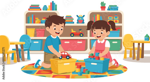 Little siblings sorting toys into boxes together, modern flat vector promoting teamwork, organization skills, and positive playroom habits