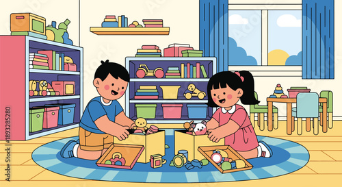 Little siblings sorting toys into boxes together, modern flat vector promoting teamwork, organization skills, and positive playroom habits