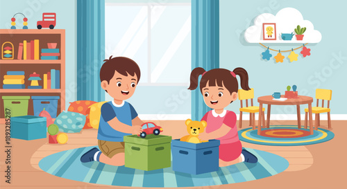 Little siblings sorting toys into boxes together, modern flat vector promoting teamwork, organization skills, and positive playroom habits