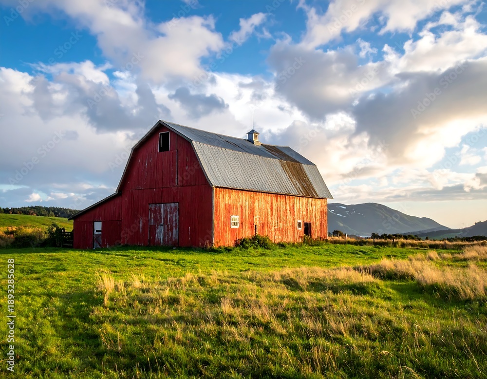 Obraz premium A serene rural landscape featuring a rustic red barn