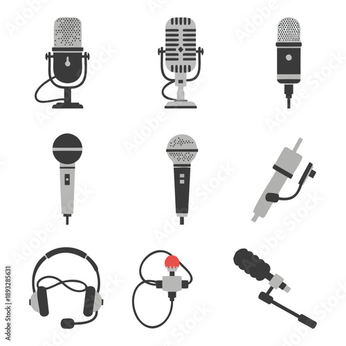 Set of professional microphones and headphones icons for recording and broadcasting