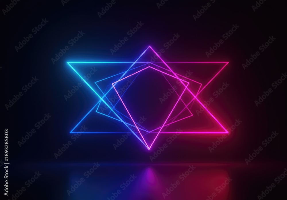 Fototapeta premium Intense glowing geometric shapes in electric pink, blue, and purple hues creating a vivid abstract pattern on a dark backdrop, retro, energy, design