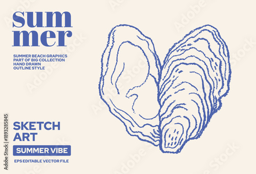 Oyster illustration for logo. Line shell vector sketch. Sea mussel drawing. Doodle abstract outline art. Animal silhouette icon. Oyster seafood logo. French or Italian Mediterranean etching sea shell