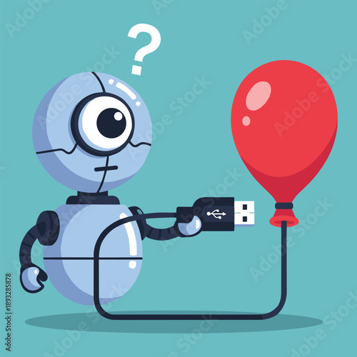 Small One-Eyed Robot Confused While Trying to Plug USB Cable into a Red Balloon, Concept of AI Compatibility Errors, Technical Bafflement, Literal Logic Fails