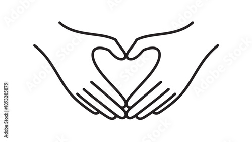 Hands forming a heart in minimalist line art with simple black outline on white background for charity symbol