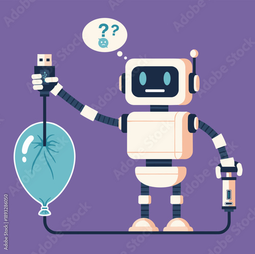 Confused Robot Trying to Plug a USB Cable into a Balloon, Concept of Compatibility Errors, Technical Misunderstandings, AI Trial and Error, and Funny Technology Fails Vector Illustration