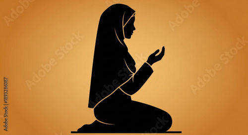 Woman in hijab kneeling in prayer silhouette on warm orange background with golden glow