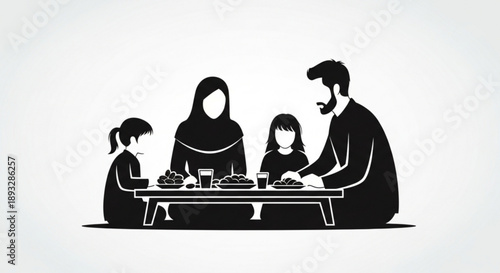 Family gathering around dinner table together in minimalist black and white illustration symbolizing unity and togetherness