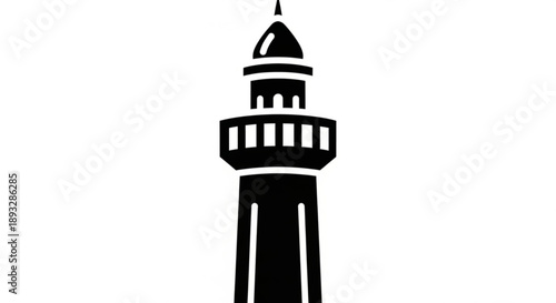 Silhouette of a tall tower with a dome shaped roof and balcony minimalist black and white design isolated on white background architectural element