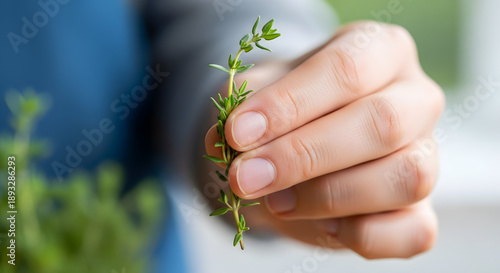 Close up of fingers holding a stem of fragrant green thyme herb against a blurred background