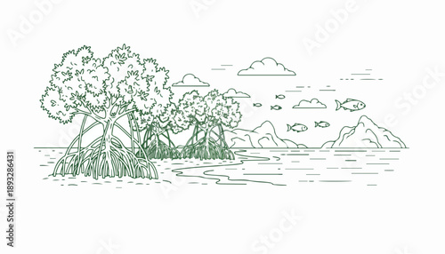 Line drawing of trees and fish in water for World Wetlands Day with a simple, green illustration style on a white background