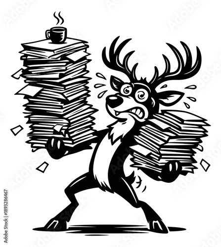 Hand drawn cartoon illustration of an overwhelmed deer character depicting stress from excessive paperwork for business and office concepts