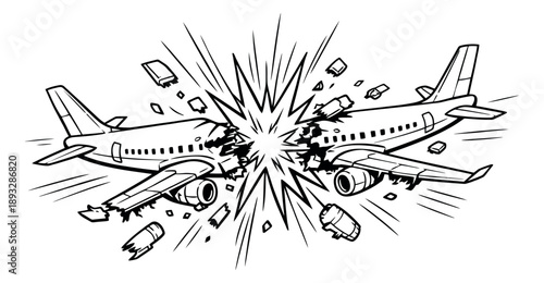 Hand drawn line art illustration of an airplane collision depicting a mid air explosion for air safety or disaster themes