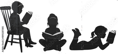 Children reading books silhouette illustration education learning literacy childhood imagination knowledge concept isolated on white background