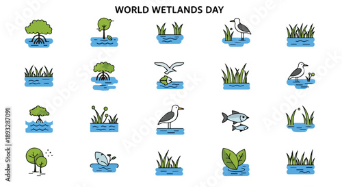 Flat lay of various colorful wetland icons on a clean white background for World Wetlands Day.