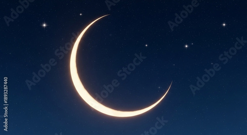 Glowing crescent moon in a starry night sky with dark blue background and celestial bodies